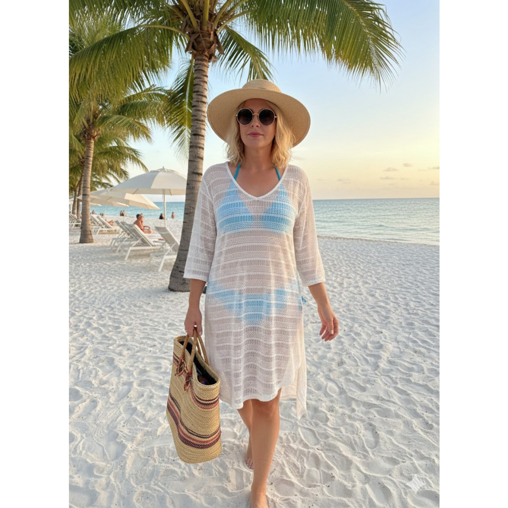 Ingear Resort White Crochet Knit V Neck Tunic Top XL
